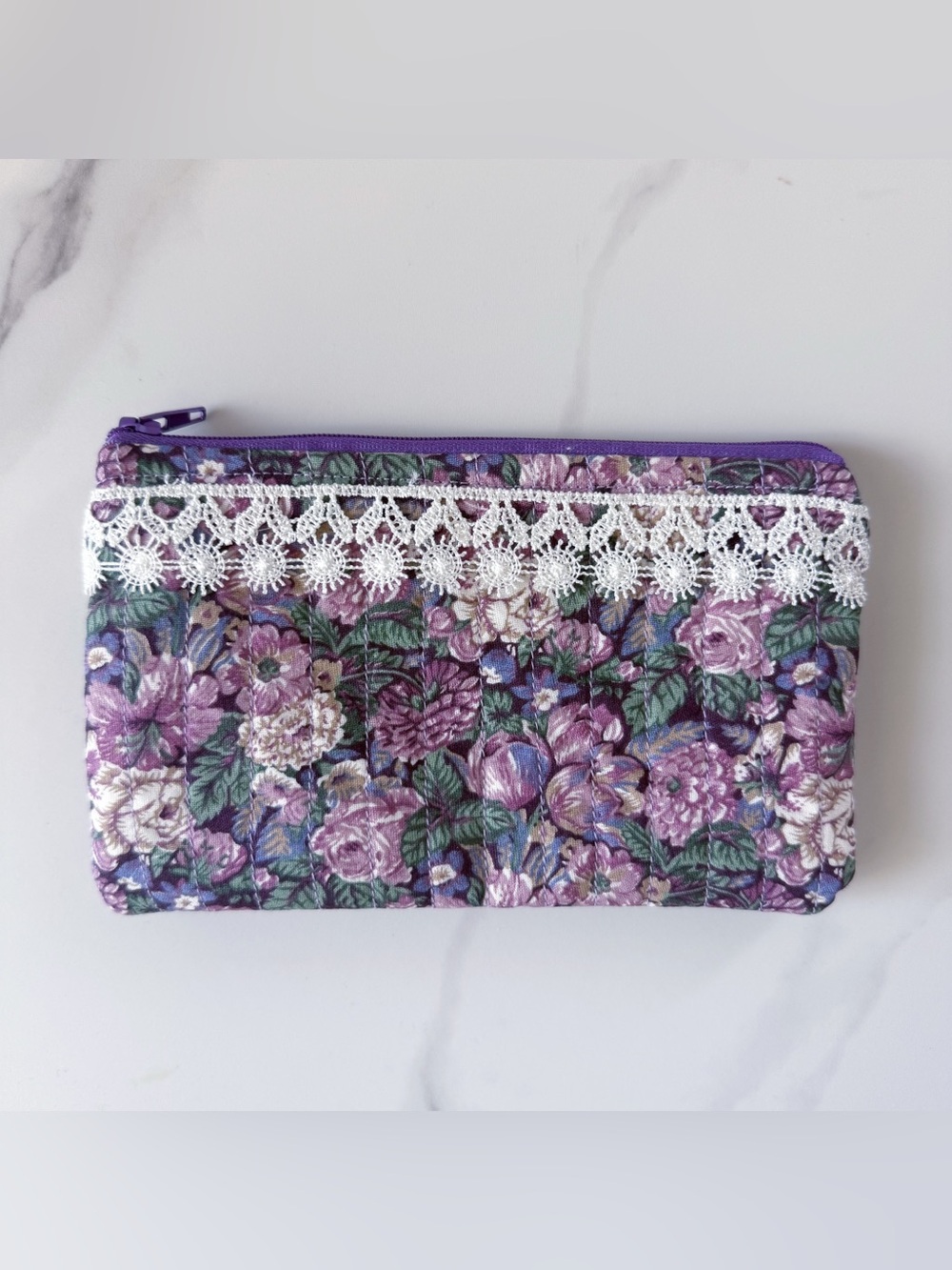 Ellysa Floral Zipper Pouch with Lace Trim 7”